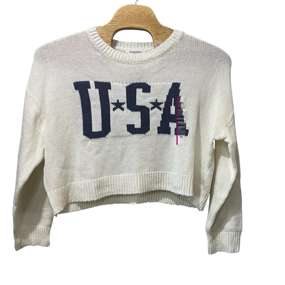 NEW Grayson Threads USA Graphic Sweater Off White Cropped Crop Knit XXL - Picture 2 of 7